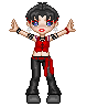 Pixel art character with short black hair, red eyes, and red lips stands in three poses holding blue circular objects.