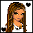 Pixel art contact sheet showing six frames of an animated buddy icon featuring a cartoon woman with long brown hair, white crop top, black skirt, and black shoes with white dots, surrounded by small black hearts on a transparent background.