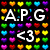 colorful heart icons with white text 'A.P.G' and '<3' on a black background, featuring pixelated rendering style