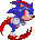 Pixelated blue hedgehog with red shoes and white gloves in four sequential poses showing motion blur effects on limbs.