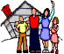 Animated sequence of four figures in front of a house with red flags, showing subtle pose changes across frames.