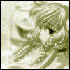 Pixelated anime-style icon of a person with long wavy hair, wearing a dark collar and earrings, looking downward against a light background.