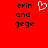 Red background with black text 'erin and gege' on both sides and a white pixelated heart symbol in the center.