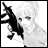 Black-and-white pixelated image of a character with light hair holding a dark, spiky object against a white background, with text on a black to the right