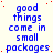Blue text reading 'good things come in small packages' repeated across a of identical on a light background with scattered red dots