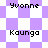 Pixelated text labels 'Yvonne' and 'Kaungo' appear on shifting purple and white checkered backgrounds with varying diamond and square patterns.