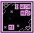 Pixelated animated icon with pink border, black background, and white sparkles showing text changes across frames.