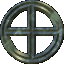 Circular metallic icons with cross-shaped cutouts arranged in a , varying in color and lighting