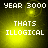 Pixelated yellow-green background with white text reading 'YEAR 3000' and 'THAT'S ILLOGICAL' in four quadrants, showing subtle animation changes in light and text positioning.