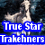 Pixelated image of a light-colored giraffe standing against dark background with blue text boxes reading "True Star" and "Trakehners".