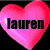 Three pink heart-shaped icons with the name 'lauren' in different colors and styles displayed against a black background.