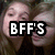 Two people pose closely together in a of four with text overlay, showing slight variations in facial expressions and head positions