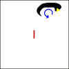 Animated sequence showing a black curved shape with yellow triangles and blue arrows, transitioning through six numbered frames with red numerals.