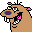 Pixelated cartoon character with brown skin, black outline, and pink cheek spots; left side shows purple eyes and open mouth with tongue, right side shows gray eyes and closed mouth with yellow tongue.