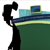Black silhouette of a figure holding a long object against a green and blue background with a small blue square element.