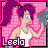 Pixelated character with purple ponytail and white tank top holding gray object against pink background with 'Leela' text