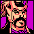 Pixelated static icon of a stylized character with peach and black coloring against purple background, featuring angular facial features and checkered patterns on the left side.