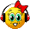 Yellow circular emoji face with red bow, black headphones, and green eyes showing various expressions including open eyes, closed eyes, and squinting.