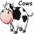 Six pixelated cow icons arranged in two , each with black-and-white spotted bodies and pink noses, displaying text above them