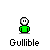 Pixelated green figure with white head and black eyes, labeled 'Gullible', appears in multiple states including speech bubbles reading 'Look over' and 'There!', plus partial text variations like 'Wart' and 'Warn'.