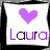 Two side-by-side square icons with white backgrounds, each displaying a heart symbol above the name 'Laura' in stylized text.