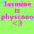 A bright green background displays repeated text "Jasmine is physcooo <3" in pink with small blue stars scattered around.