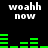 Black background with white text 'woahh now' repeated four times and green horizontal bars in a digital audio waveform pattern.
