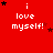 Red background with white text 'i love myself!' repeated across a , surrounded by black and red stars in various positions