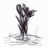 Pixelated grayscale figure in a dynamic pose with arms raised, standing on a textured base against white background.