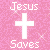 Pink pixelated background with white crosses and text reading "Jesus Saves" in multiple positions, some areas obscured by gray overlay.