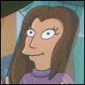 Animated character with long brown hair, large eyes, and a purple turtleneck sweater against a teal background.