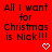 Red background with black text reading 'All I want for Christmas is Nick!!!' and white pixelated heart or arrow symbols changing position across frames.