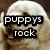 A four- of a light-colored dog with text overlays: 'puppy rock', 'cute!!!', 'sassy dog', and a blank