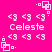 Pixel art icon with bright pink background, white text "Celeste" and repeated "<3" symbols, and small square-and-dot corner elements.