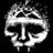 Pixelated grayscale icon of a stylized skull with a crown-like structure atop, set against a solid black background.