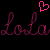 Pixelated 'lola' text in magenta script with a heart symbol above, displayed on split black and pink backgrounds.