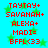 Red text on cyan background with green star shapes, displaying repeated names and symbols in pixelated font.