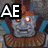 Pixelated character with glowing red eyes and orange-brown headdress, wearing striped collar, with 'AE' text in black-and-white block letters positioned at different corners across frames.
