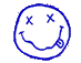 Two pixelated smiley face icons side-by-side on a gray background, one blue outline with X eyes and a curved mouth holding a small object, the other solid yellow with black oval eyes and a simple smile.