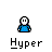 Pixelated character in blue shirt with white face and black eyes, shown in multiple poses above 'Hyper' text on gray background.