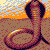 Pixel art of a cobra with raised hood, coiled body on brown ground, orange and blue sky background.