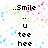 Pixelated text reads '...Smile' above a stylized 'u', then 'tee hee' below, surrounded by scattered green, blue, and pink square pixels on white.