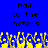 Blue background with black pixelated text reading 'hail to the victors' repeated twice, yellow and blue pixelated shapes resembling flames or grass at the bottom.