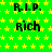 Green background with yellow stars, black text reading 'R.I.P. Rich' repeated in a pattern