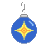 Blue spherical ornament with yellow starburst design and silver cap, hanging from hook on gray background; green text 'Original Icons .com' on dark green background.