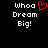 Pixelated text 'Whoa Dream Big!' with a red heart symbol replacing the letter O in Whoa, displayed on black background.