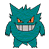 Two side-by-side pixelated frames of a teal cartoon monster with orange eyes and sharp teeth, displayed on a white background.