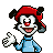 Pixelated character with red beret, black ears, white face, red nose, blue shirt, and white-gloved hand giving thumbs-up gesture against gray background.