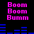 Pixelated text and blue bars on black background, with 'Boom' repeated twice above 'Bumm', arranged in two mirrored