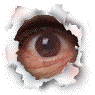 Three circular torn-paper holes reveal a human eye and closed eyelid in alternating frames against gray background.